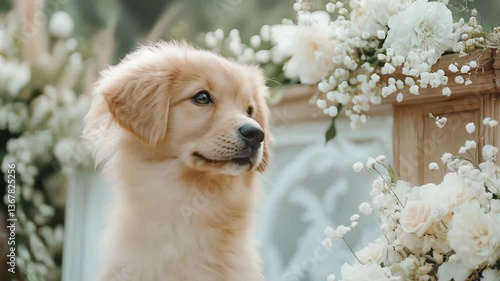 Golden retriever puppy with expressive eyes gazes upward under floral wedding arch, blinking and tilting its head . Concept of fairytale wedding moment