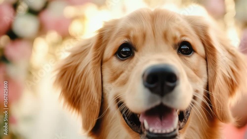 Golden retriever smiles next to a floral wedding arch of roses and white flowers, bathed in a magical golden sunset light. Concept of joy and fairytale celebration