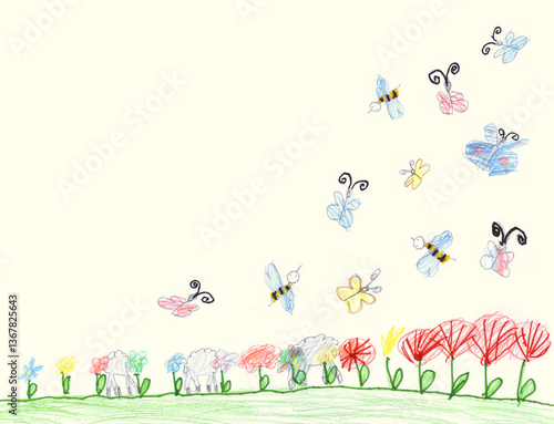Cheerful children's background. Sheep graze on a flowering meadow