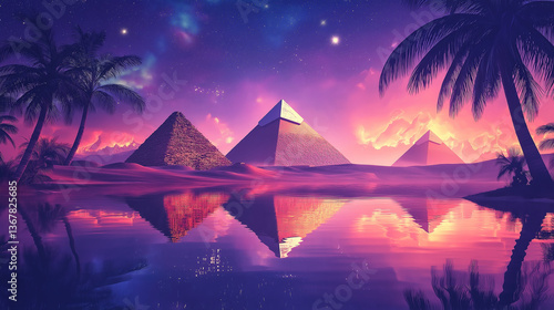 The pyramids and palm trees in the foreground, slot game background, Illustration