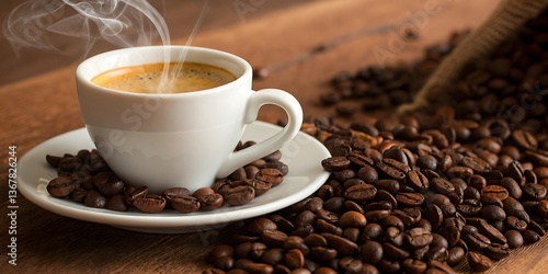 Aromatic Espresso in a White Cup Surrounded by Roasted Coffee Beans on a Wooden Table