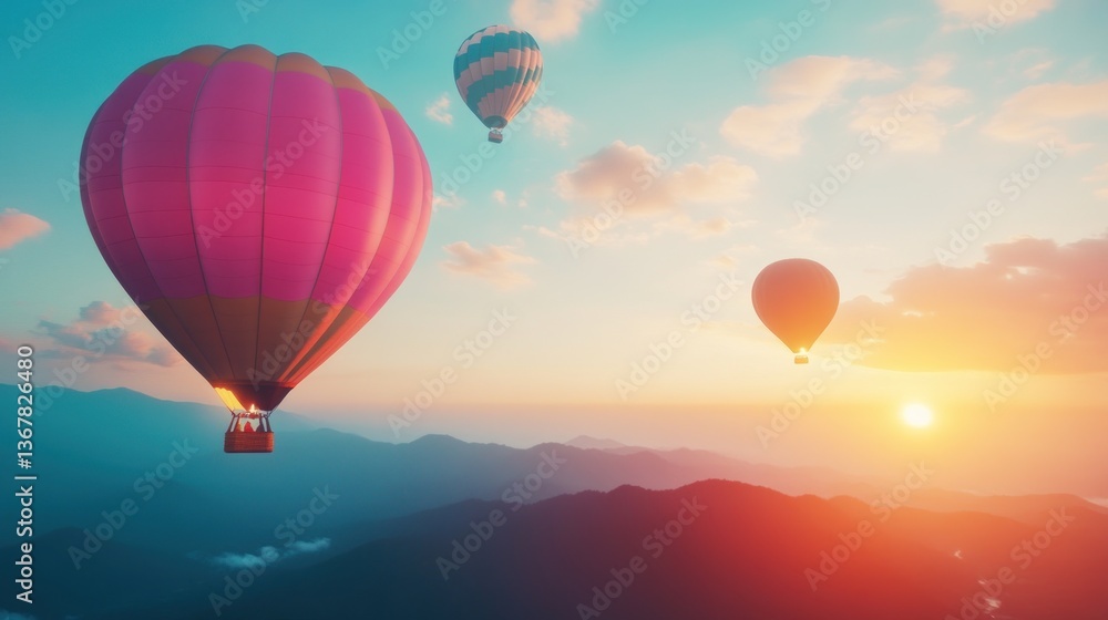 Fototapeta Hot Air Balloons over Mountains at Sunrise