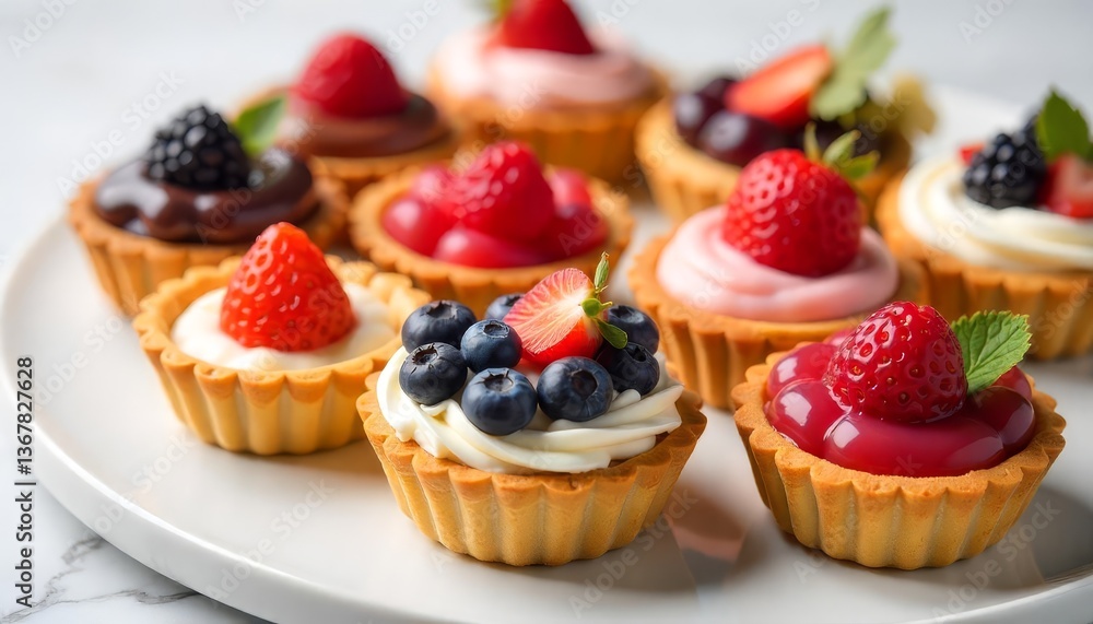 Assorted gourmet fruit tarts with fresh berries, creamy fillings, and flaky pastry crusts , a delightful selection of mini desserts perfect for any occasion Assorted gourmet fruit tarts with fresh berries, creamy fillings, and flaky pastry crusts , a delightful selection of mini desserts perfect for any occasion