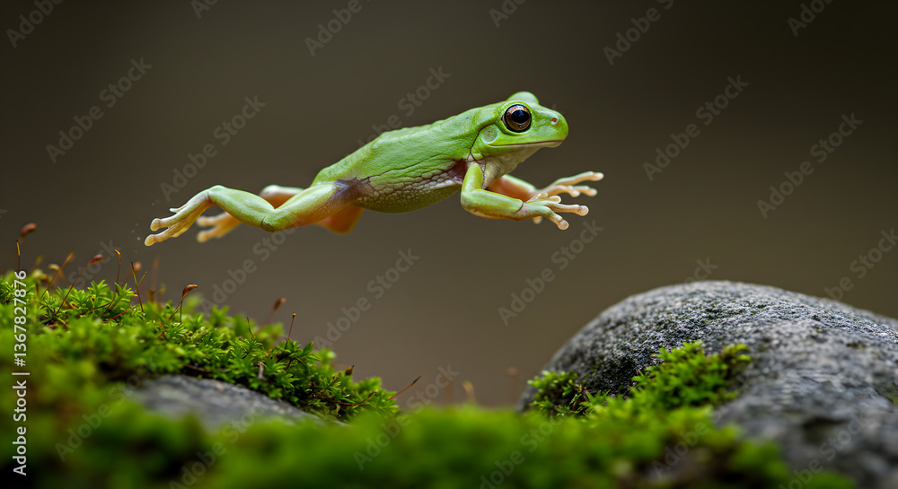 Obraz premium Dynamic green frog leaping powerfully over a mossy stone, showcasing nature and agility