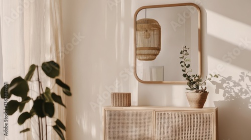 Capturing the serene ambiance of a meticulously crafted space, with natural light casting gentle shadows over a curated collection of decor.