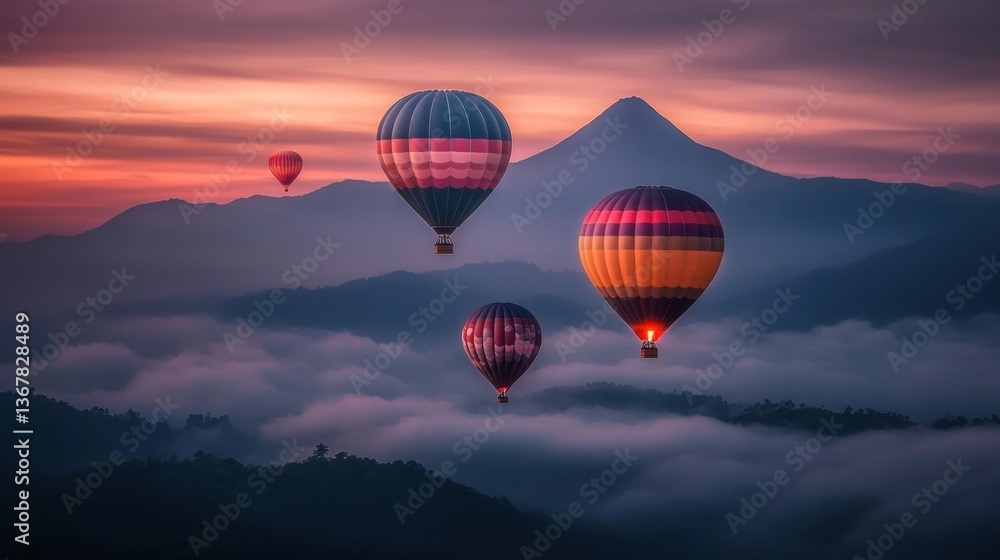 Fototapeta premium Hot air balloons over misty mountains at sunrise