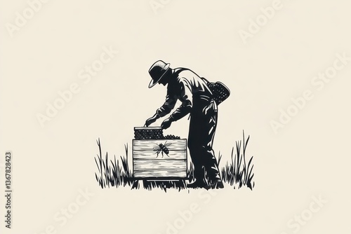 Minimalist Beekeeper Logo Black and White Illustration of Apiarist at Work