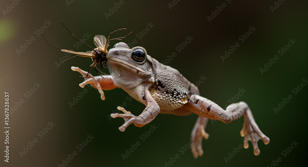 Naklejka premium Amphibian agility: A dynamic moment of a frog catching its insect prey mid-leap