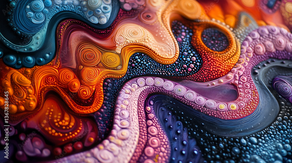 Close up of an abstract textured surface with swirls and dots in vibrant colors and intricate details. Close up of an abstract textured surface with swirls and dots in vibrant colors and intricate details.