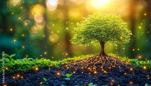 Wallpaper Mural Magical Green Tree with Glowing Neuron Network Roots, Concept of Nature, Life, and Technology. Torontodigital.ca