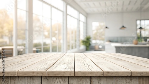 Wallpaper Mural Light Wooden Tabletop in a Bright Modern Kitchen with Large Windows and Blurred Background Torontodigital.ca