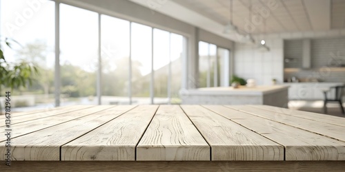 Light Wooden Tabletop in Modern Kitchen with Large Windows and Blurred Background