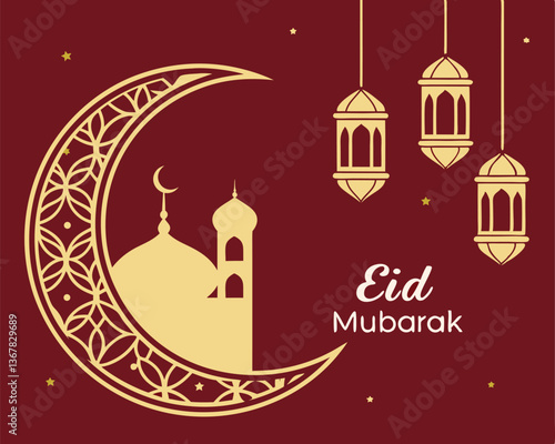 Elegant Maroon and Gold Eid Mubarak Design with Mosque and Crescent Moon.