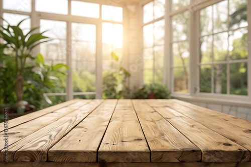 Rustic Wooden Table in Sunlit Room with Large Windows and Lush Greenery