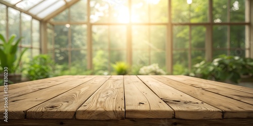 Rustic Wooden Table in a Sunlit Greenhouse with Lush Greenery
