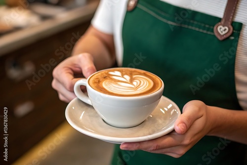 Barista Serving a Delicious Latte with Exquisite Heart Design in a Cozy Coffee Shop