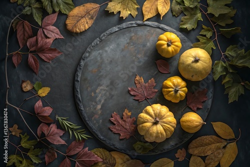 Autumnal Still Life with Pumpkins and Colorful Leaves on Dark Background