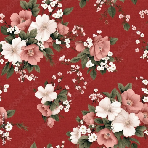 Seamless pattern of vintage florals in pink and white evokes French country charm, enhancing any space with timeless beauty SEAMLESS PATTERN