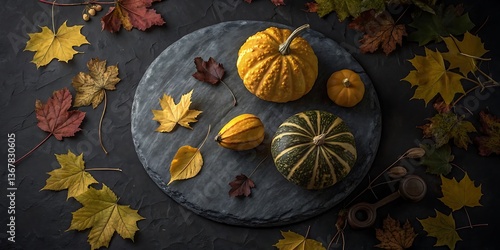 Autumn Still Life with Pumpkins and Fall Leaves on Dark Background