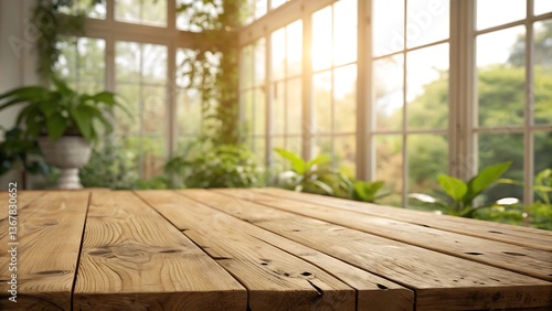 Rustic Wooden Tabletop in a Sunlit Greenhouse with Lush Greenery
