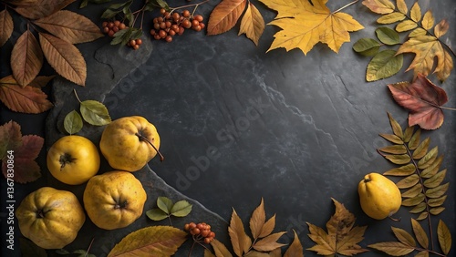 Autumnal Still Life Featuring Yellow Quinces and Colorful Fall Leaves on Dark Background