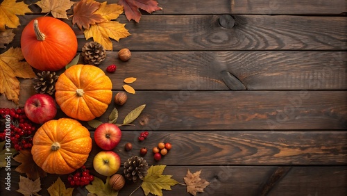 Autumn Harvest Thanksgiving Background with Pumpkins Apples and Fall Leaves on Wooden Table