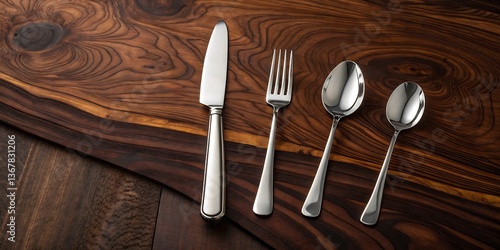 Elegant Silverware Set on Rich Walnut Wood Board Table Setting