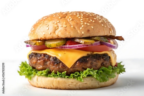 Juicy Cheeseburger with Sesame Seed Bun Topped with Lettuce Pickles Onions and Melted Cheese