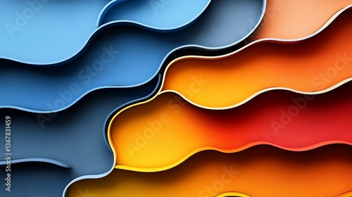 Layered three dimensional paper cut waves transition from cool blue tones on the left to warm red and orange shades on the right.