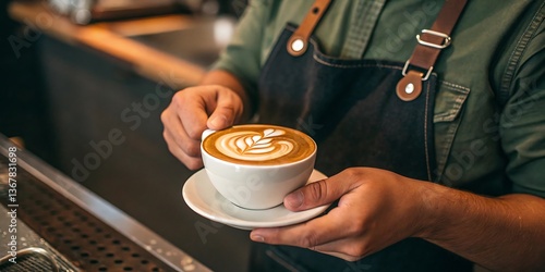 Barista preparing a latte art coffee drink in a cafe shop