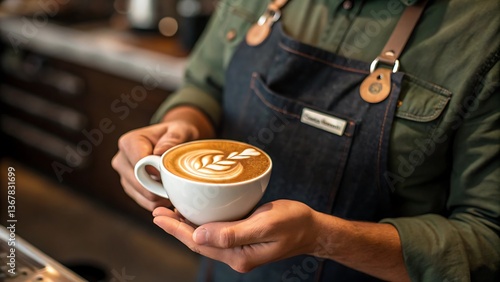 Barista Carefully Holding a Cup of Exquisite Latte Art Coffee