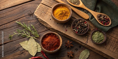Assortment of Spices and Herbs on Rustic Wooden Background for Cooking