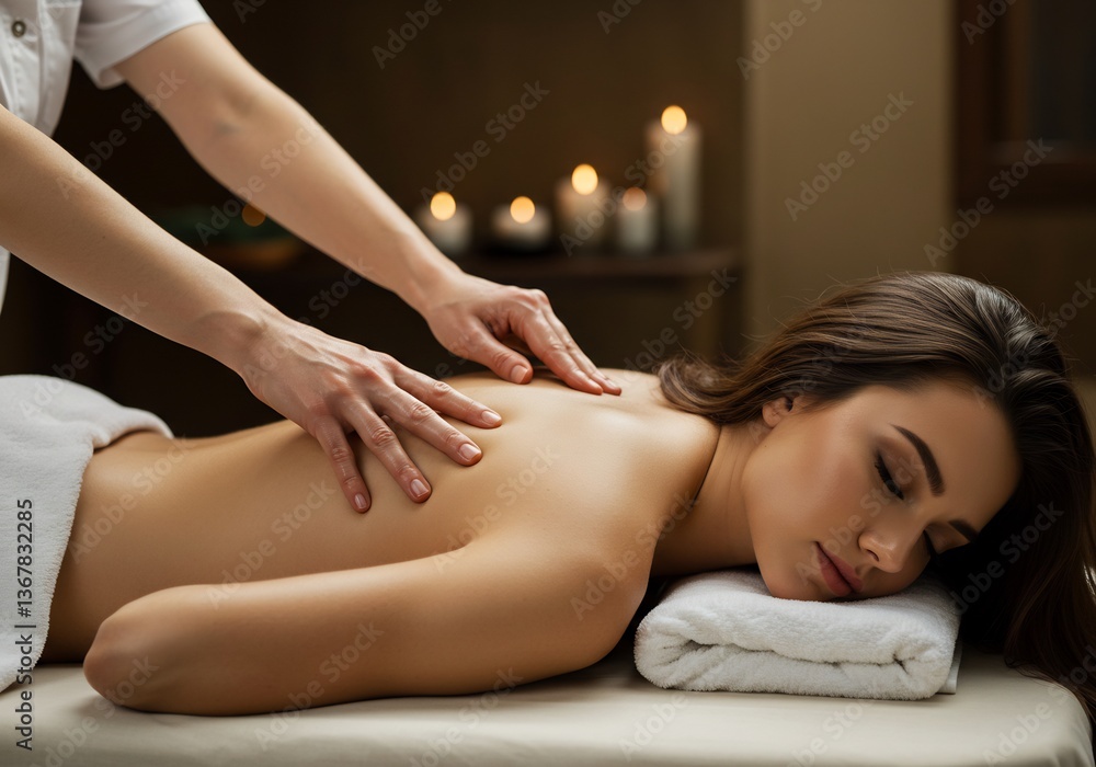 Obraz premium 温かい光に包まれた癒しのマッサージシーン 穏やかな表情の女性