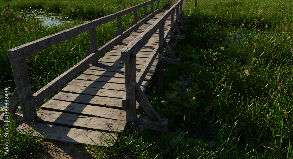 Rustic wooden bridge traverses a tranquil wetland landscape immersed in sunlight Rustic wooden bridge traverses a tranquil wetland landscape immersed in sunlight