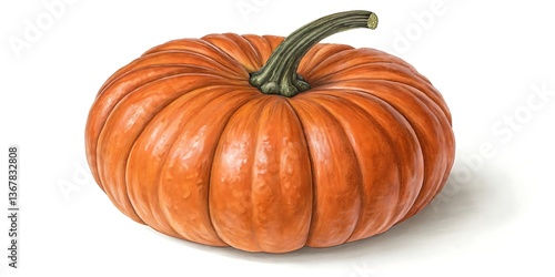 A Single Ripe Orange Pumpkin Isolated on White Background Autumn Harvest Thanksgiving Decoration