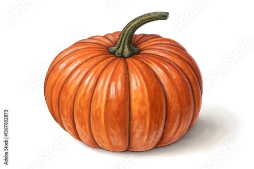 A perfectly ripe orange pumpkin with a detailed illustration showing its vibrant color and smooth texture, ready for autumn harvest and festive celebrations
