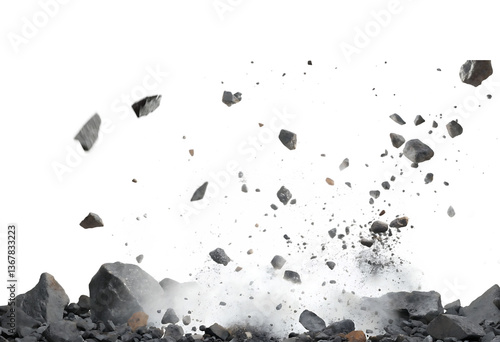 A illustration of the of rocks, dust, and debris falling. Outer space planet exploded. isolated on white background PNG. GENERATIVE AI