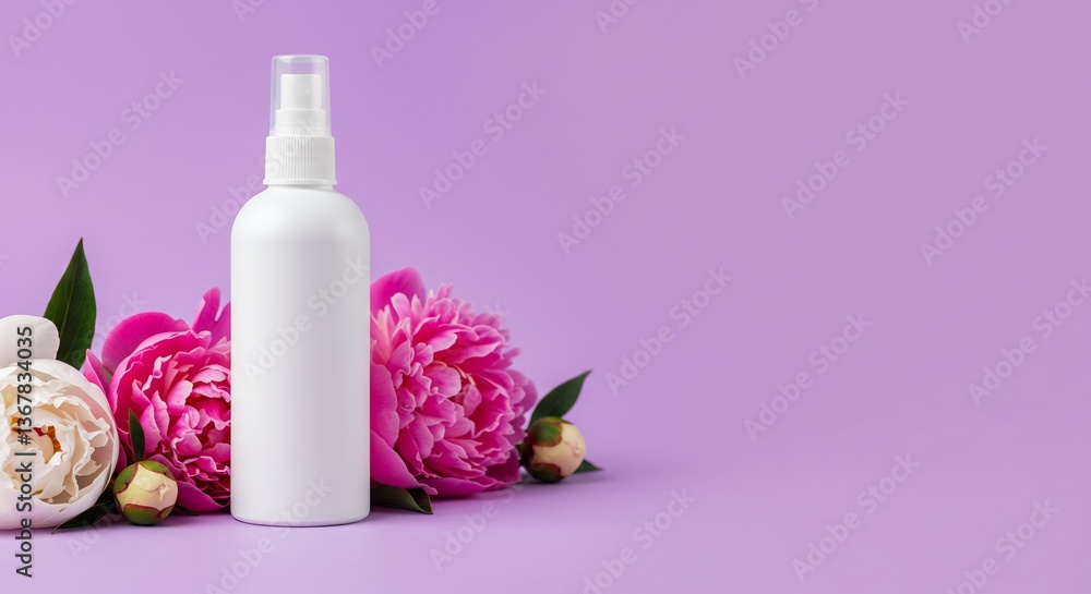 上品な白ボトルと牡丹の花束 優しいパステルカラーの背景 上品な白ボトルと牡丹の花束 優しいパステルカラーの背景