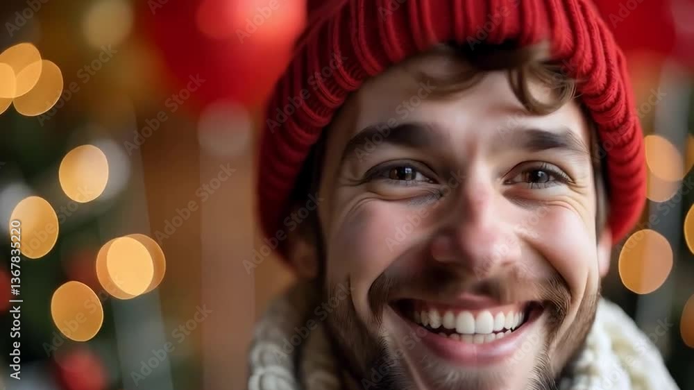 Happy man in a red hat and white scarf arriving at a Christmas party event Happy man in a red hat and white scarf arriving at a Christmas party event