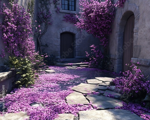 Sunlit courtyard with purple flowers and stone path.
