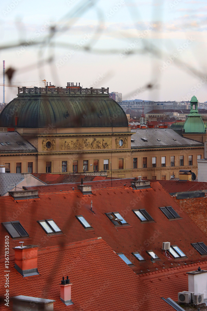 Various historic and contemporary buildings in downtown Zagreb, Croatia.