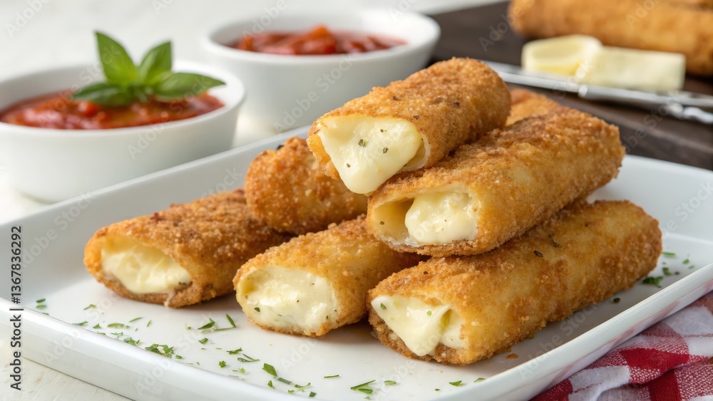 Mozzarella Cheese Sticks with Marinara Sauce on a White Plate, Crispy Appetizer
Mozzarella Cheese Sticks with Marinara Sauce on a White Plate, Crispy Appetizer