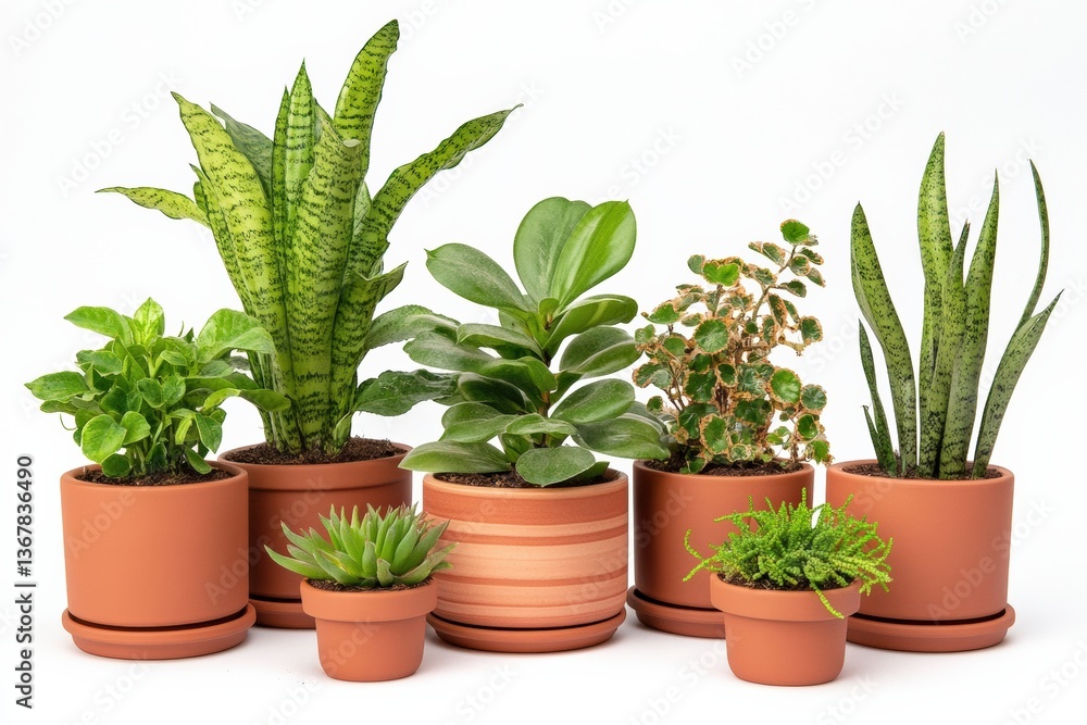 Fototapeta premium Ceramic plant pots displaying various vibrant green plants in a bright space Generative AI