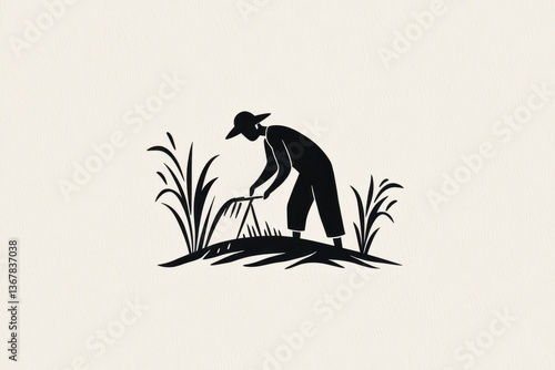 Minimalist Black and White Logo Rice Farmer Tending Crops