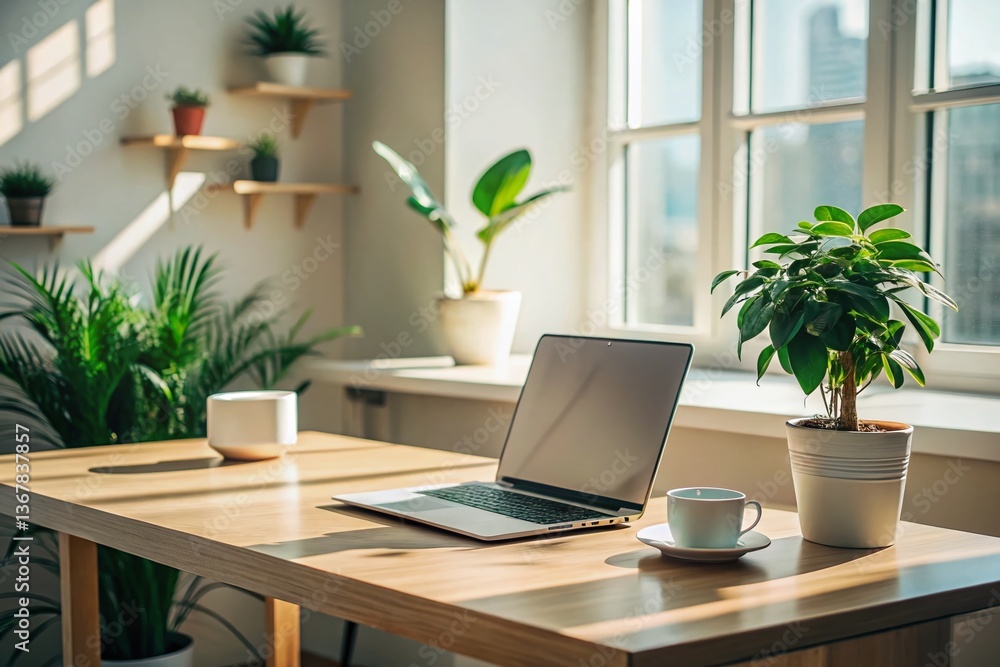 Fototapeta premium Minimalist Home Office Setup: Laptop, Plant, and Clean Desk