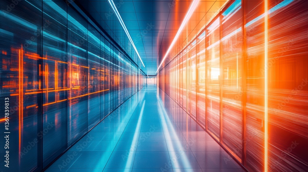 Futuristic server room corridor with vibrant blue and orange neon lights reflecting on glossy floor. Futuristic server room corridor with vibrant blue and orange neon lights reflecting on glossy floor.
