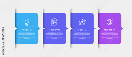 Four colorful speech bubbles with icons for idea checklist gears and target.