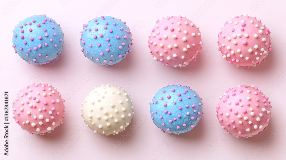 eight pastel cake pops with pink blue and white icing and coordinating sprinkles eight pastel cake pops with pink blue and white icing and coordinating sprinkles