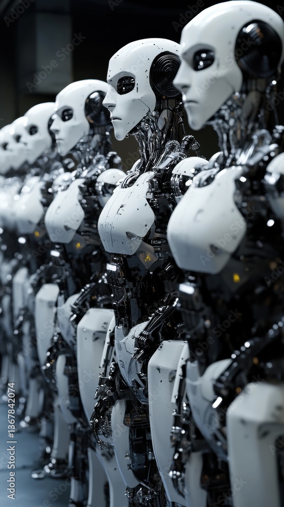Fototapeta premium Robots lined up in a futuristic setting showcasing advanced technology and design