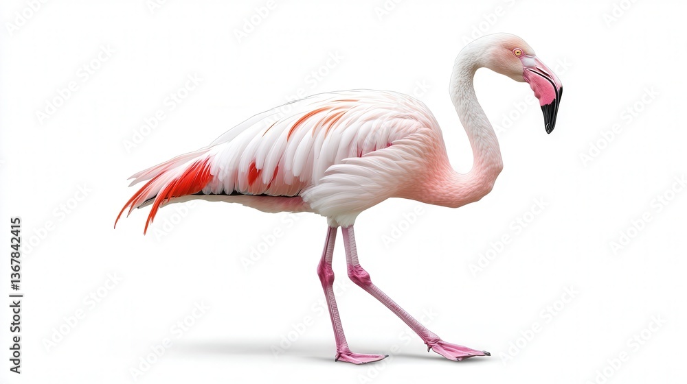 Obraz premium A graceful flamingo with vibrant pink and white feathers stands elegantly on one leg.